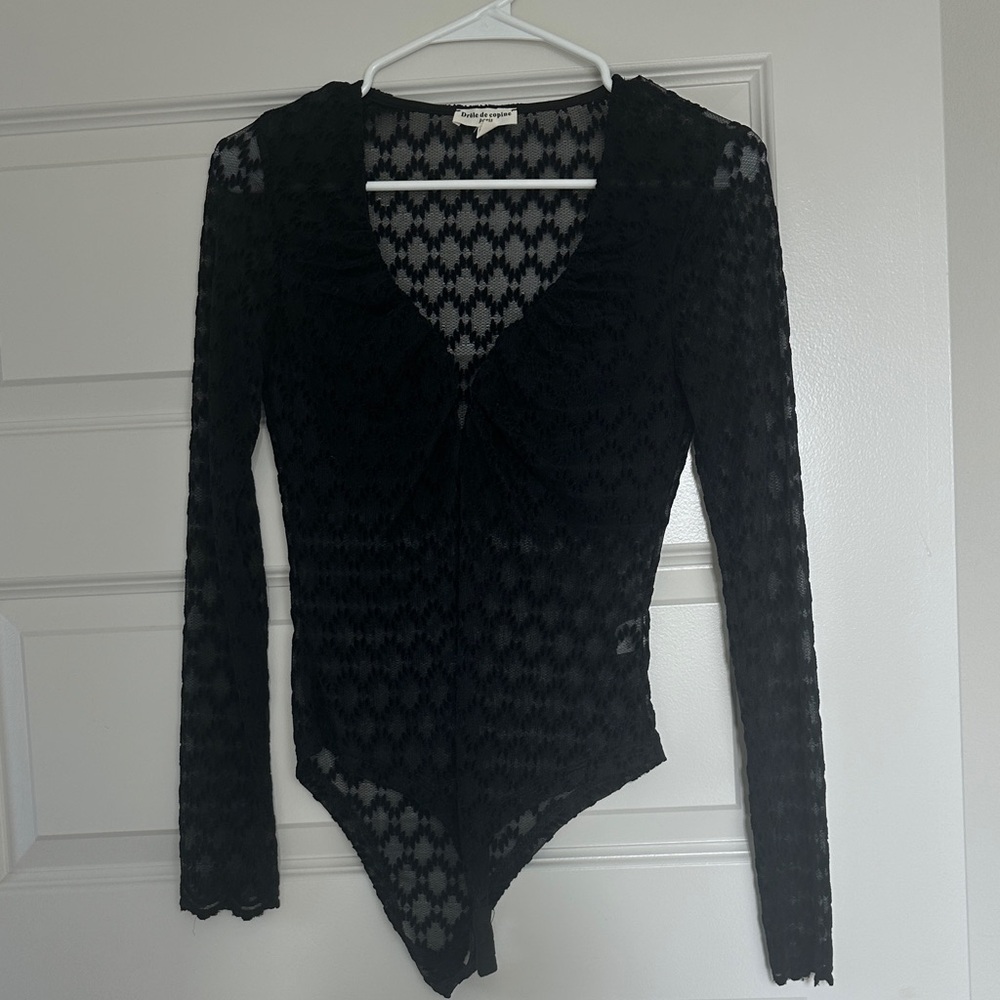 Black Sheer/Patterned Long Sleeve Bodysuit